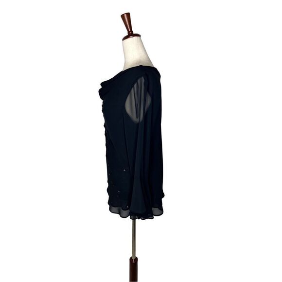 Studio I top women’s size 10 sheer black long sleeve ruffle beaded drape neck - Picture 5 of 9